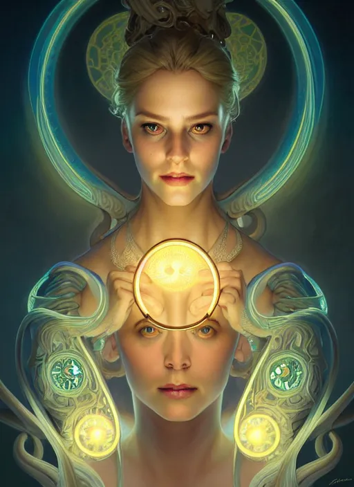 Prompt: symmetry portrait of ursula, octopus, glowing lights, intricate, elegant, highly detailed, digital painting, artstation, concept art, smooth, sharp focus, illustration, art by artgerm and greg rutkowski and alphonse mucha