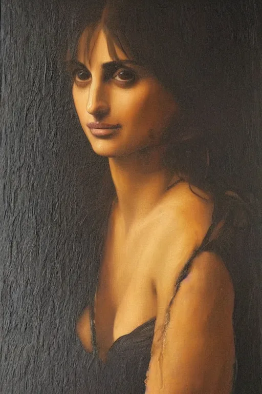 Image similar to oil painting, portrait of penelope cruz, artwork by leonardo da vinci