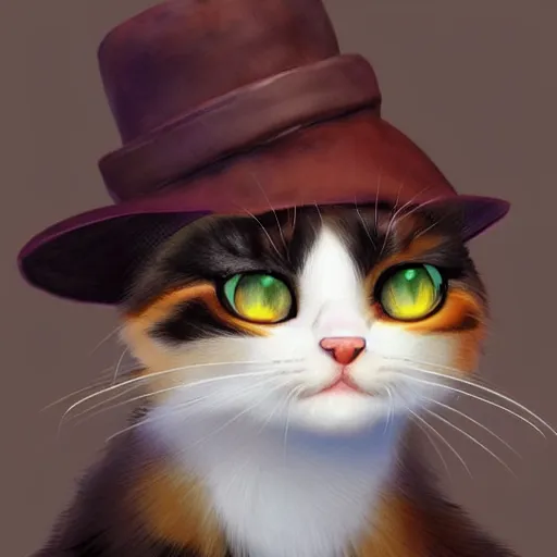 Image similar to a cute calico cat in a hat, artstation, cgsociety