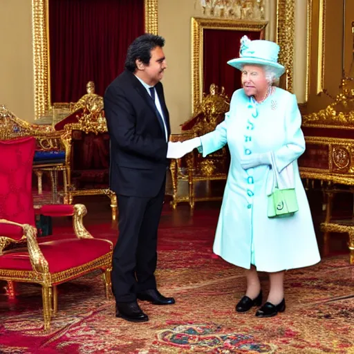 Prompt: Queen Elizabeth II meets Juan Gabriel, professional photography, 8k, highly detailed, 30mm