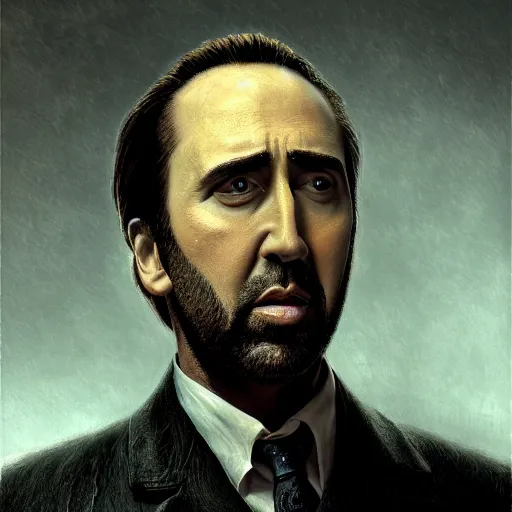 Prompt: Portrait of a Nic Cage , art by Albert Bierstadt and James Gurney, highly detailed, digital painting, matte painting, concept art, illustration, oppressive lighting, trending on artstation, very detailed