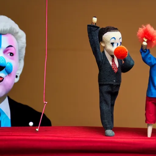 Image similar to puppet show of a string marionette of a president with clown makeup in a podium