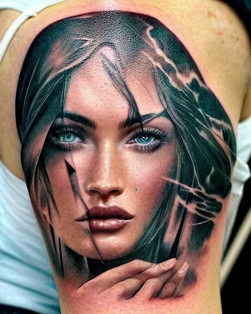 Image similar to creative double exposure effect tattoo design sketch of megan fox with beautiful mountains, realism tattoo, in the style of matteo pasqualin, amazing detail, sharp