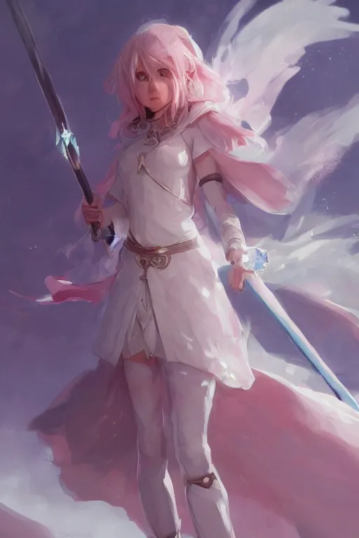 Image similar to 3 / 4 portrait of a cute white mage with a staff in mage armor, soft, pink and blue, artgerm and and greg rutkowski, trending on artstation