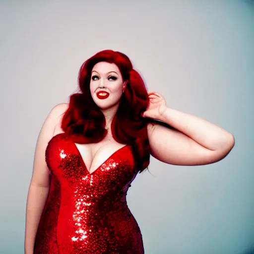 Prompt: film portrait photography of curvy, bubbly, swedish woman as jessica rabbit, head and shoulders photography. red sequin dress. kodak ektar 4 0 0. canon f 1. 2. detailed, realistic