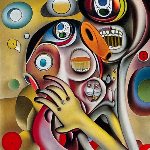 Prompt: Oil painting by Roberto Matta. Strange mechanical beings kissing. Close-up portrait by Takashi Murakami. Dali.
