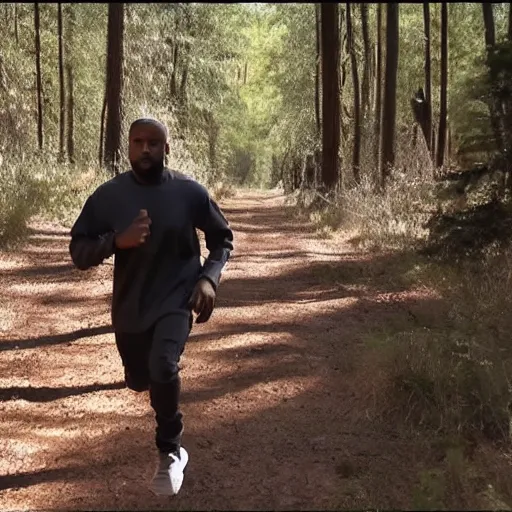 Image similar to trailcam footage of kanye west running in the forest