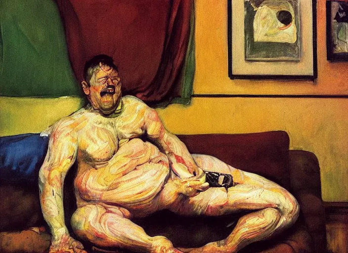 Prompt: it was just another evening. i was alone in my apartment, flipping through the channels on my tv. in the style of francis bacon, man alone on couch lucian freud, jenny saville, norman rockwell and james jean, edvard munch, and mark brooks, triadic color scheme, by greg rutkowski, in the style of edward hopper