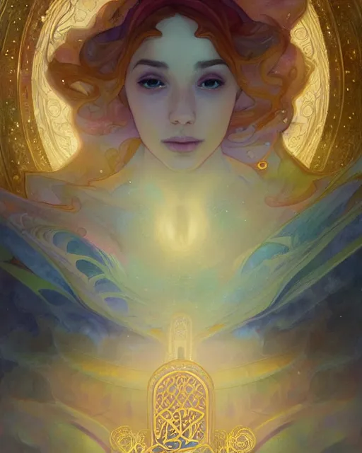 Prompt: the quran descending from the galaxy into clouds highly detailed, gold filigree, romantic storybook fantasy, soft cinematic lighting, award, disney concept art watercolor illustration by mandy jurgens and alphonse mucha and alena aenami, pastel color palette, featured on artstation