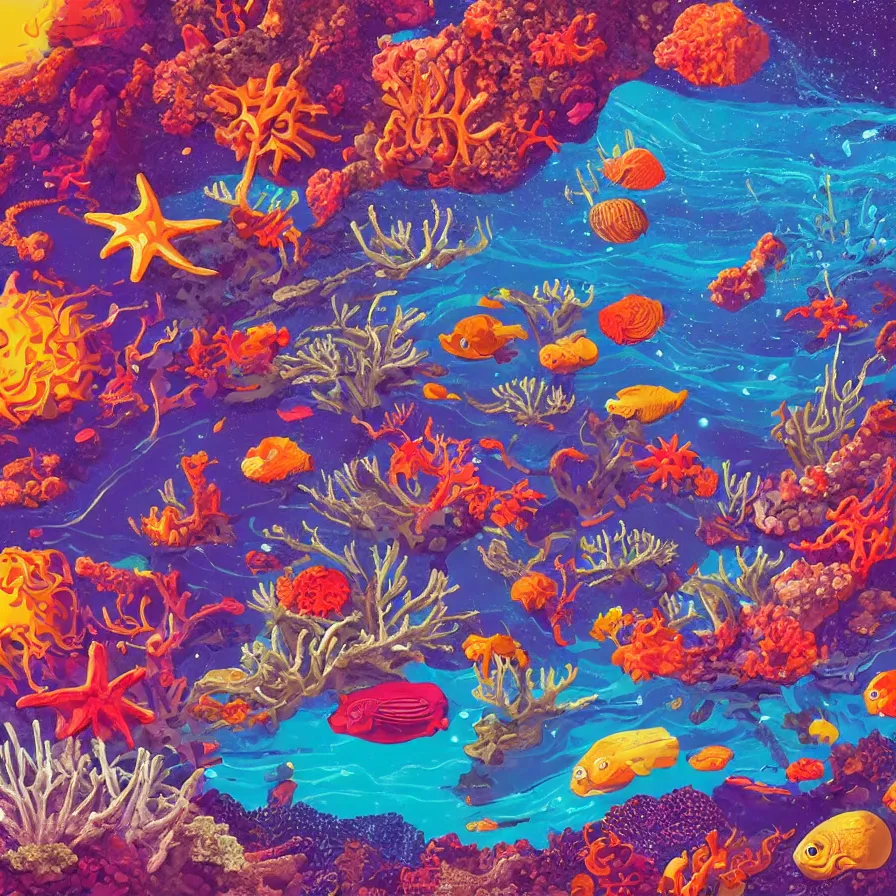 Prompt: album art, retrofuturism, of different coloured corals, with big starfish, creatures, rocky landscape, floating waterfalls, omni magazine, beautiful visuals