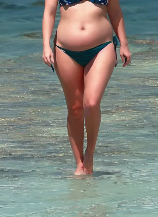 Prompt: bikini photograph of sexy fat chonky thick curvy kristen bell with a really hanging fat round chubby belly and love handles