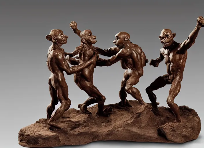 Image similar to a full figure rubber sculpture of a group of fighting goblins, by Michelangelo, dramatic lighting, rough texture, subsurface scattering, wide angle lens