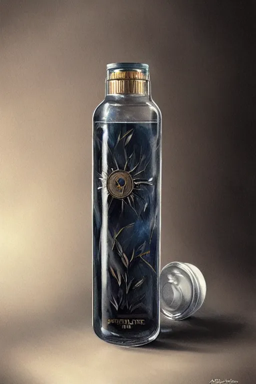 Prompt: concept art of a patek philippe white dietary supplement in a transparent bottle with big black sticker on it by aenaluck, artgerm and roberto ferri and greg rutkowski, blue and white tones, digital painting, artstation, concept art, smooth, sharp foccus ilustration hq