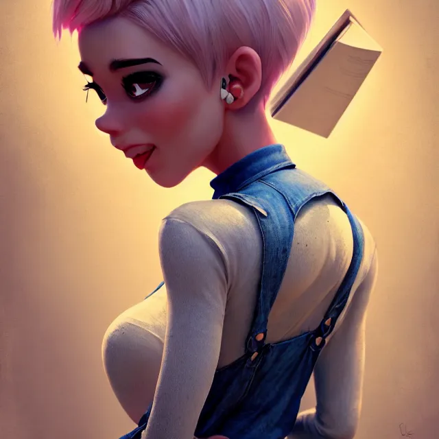 Image similar to full body pose, beautiful adult fairy, pixar, short white hair shaved sides, dirty, grungy, grunge, long sleeve, painted overalls, stacks of giant books, highly detailed, 4 k, hdr, smooth, sharp focus, high resolution, award - winning photo, artgerm, photorealistic