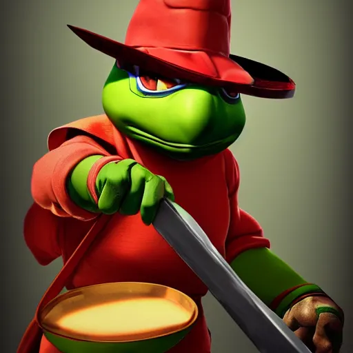 Image similar to teenage mutant ninja turtle michaelangelo with frying pan near kitchen stove, wearing white chef hat, frying nails, volumetric lighting, realistic, photo, artstation