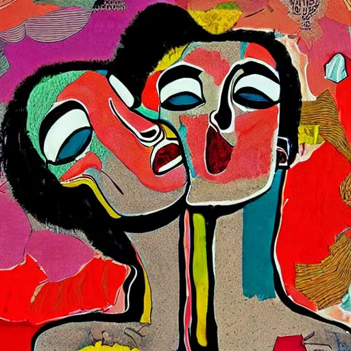 Prompt: beautiful painting of two bizarre psychedelic women kissing each other closeup in tokyo in summertime, speculative evolution, mixed media collage by basquiat and junji ito, magazine collage art, paper collage art, sapphic art, lesbian art