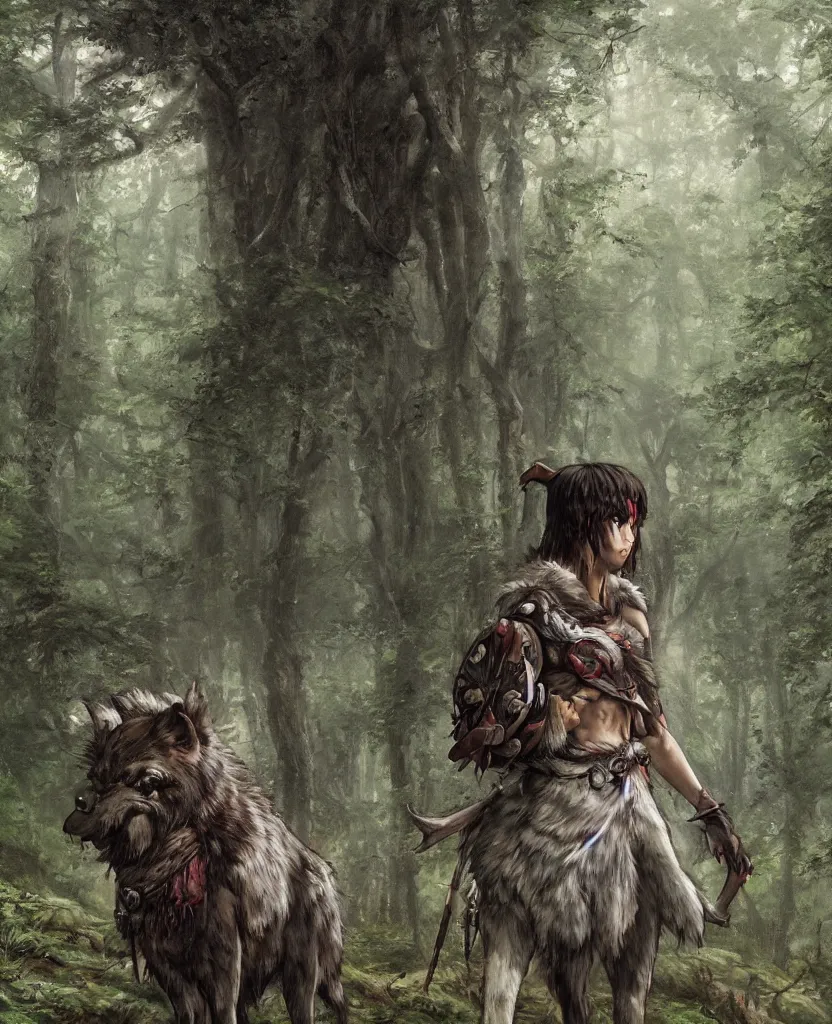 Image similar to portrait of fierce Princess Mononoke, fully clothed in armor, lush forest landscape, painted by james gurney, denoised, sharp, architectural