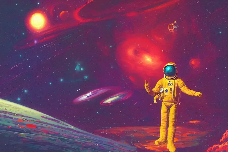 Prompt: digital painting of an astronaut floating in space, by paul lehr and vincent di fate, detailed, intricate, sharp focus, symmetry, sci fi, futurism, fantasy, neon lights, galaxies, stars, space, artstation, cinematic lighting, trippy, psychedelic art