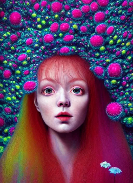 Prompt: hyper detailed 3d render like a Oil painting - kawaii portrait Aurora (red haired Fae) seen Eating of the Strangling network of yellowcake aerochrome and milky Fruit and Her delicate Hands hold of gossamer polyp blossoms bring iridescent fungal flowers whose spores black the foolish stars by Jacek Yerka, Mariusz Lewandowski, Houdini algorithmic generative render, Abstract brush strokes, Masterpiece, Edward Hopper and James Gilleard, Zdzislaw Beksinski, Mark Ryden, Wolfgang Lettl, hints of Yayoi Kasuma, octane render, 8k