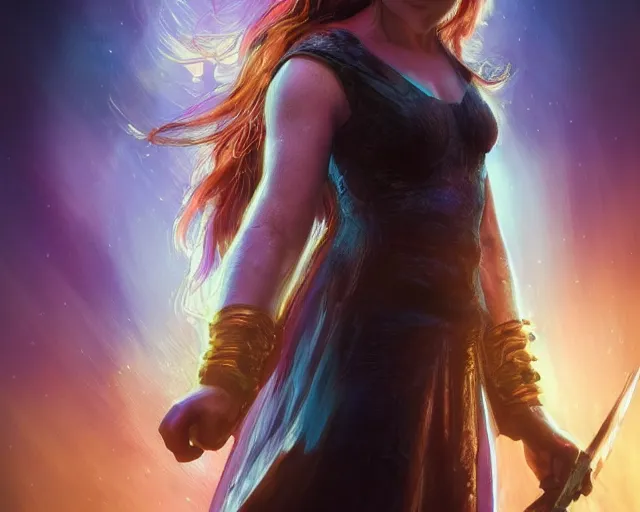 Prompt: Emilia Clarke in heroic pose with weapon, cinematic, 4k, hyper realistic, super detailed, colorful accents, purple hair, golden ratio, symmetrical face, highly detailed professional photo, centered, rim lights, vray caustics, hyper realistic, by artgerm and Craig Mullins, James Jean, Andrey Ryabovichev, Mark Simonetti and Peter Morbacher 16k