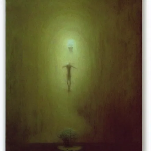 Image similar to backrooms swimming pool liminal space, a little man lost in immensity by zdzislaw beksinski