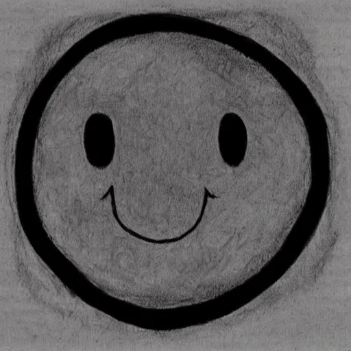 Image similar to primitive drawing of smiling circle face with thumb up hand and red eyes. Сhild drawing picture