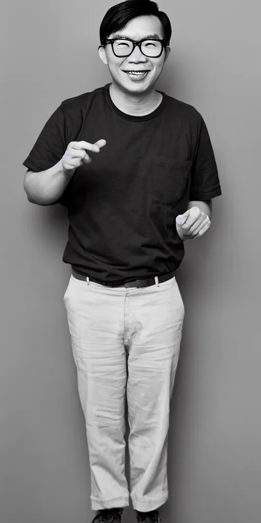 Prompt: portrait of an asian man, with black framed vulk glasses, architect, short haired, deep black eyes, quirky smile, full body shot, 5 5 mm photo