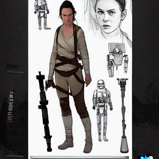 Image similar to ryan church concept art sketch star wars rey character reference sheet