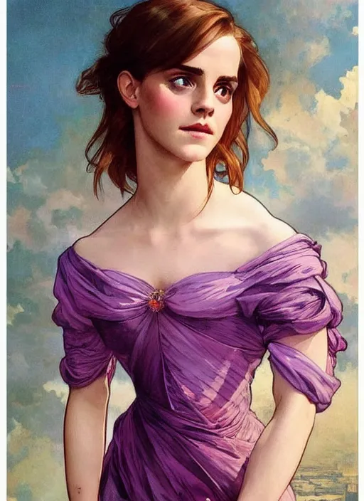 Image similar to emma watson wearing revealing elegant pink and purple dress with flounces. beautiful detailed face. by artgerm and greg rutkowski and alphonse mucha