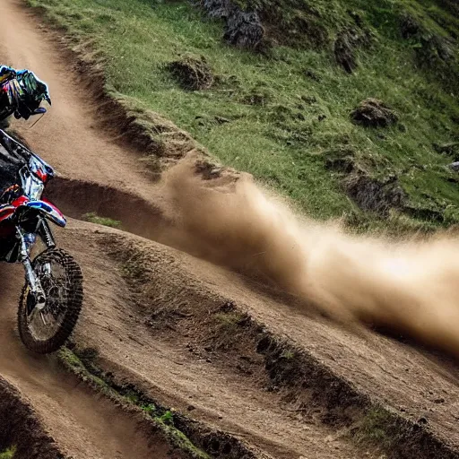 Image similar to a dramatic off road motorcycle race moment, steep and curvy uphill, epic rider crash, mountains, modern art style