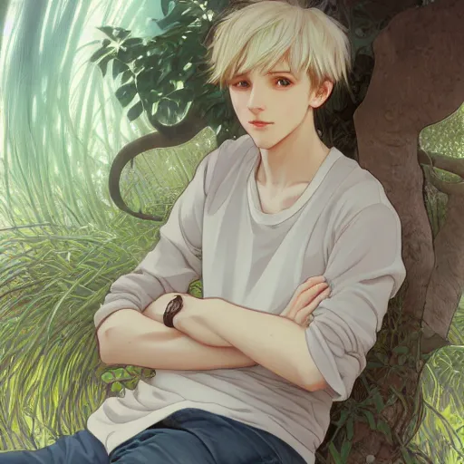 Prompt: young man with short, ash blond greyish hair, light brown eyes, casual clothes, relaxing, happy, path traced, highly detailed, high quality, digital painting, by studio ghibli and alphonse mucha, beautiful details, soft and cosy