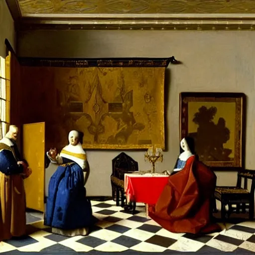 Image similar to royal family during an argument, johannes vermeer, ultra detailed, cinematic, dynamic light