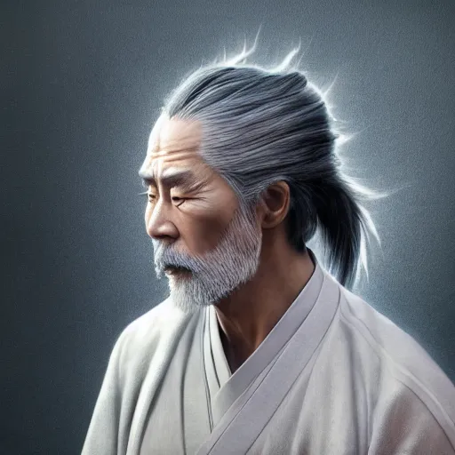 Prompt: portrait painting of a 6 0 year old kind handsome taoist priest, silver ponytail hair, amiable by yangjun chen, huang guangjian, fenghua zhong, wenjun lin, nadar, bright colors, octopath traveler, unreal engine 5 highly rendered, global illumination, radiant light, detailed and intricate environment