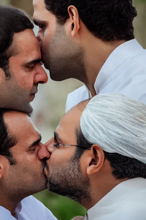 Prompt: narendra modi kissing rahul gandhi, closeup, india, detailed, photography alexey kurylev, cinematic