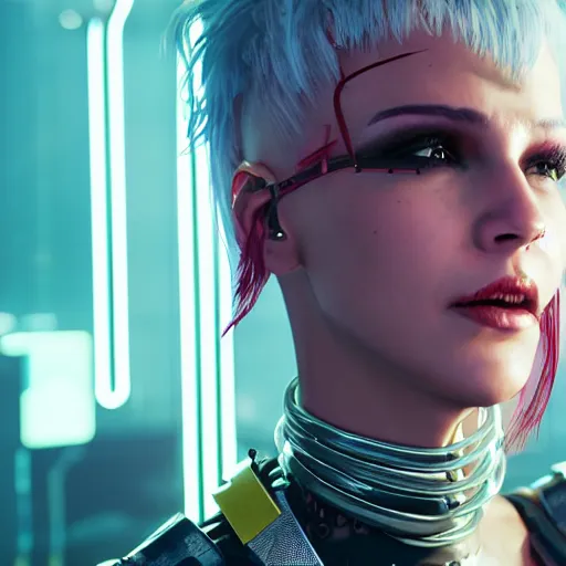 Image similar to female V from Cyberpunk 2077 wearing spiked choker, collar, choker, punk, collar, 4K, realistic, spiked collar, portrait, art, beautiful,