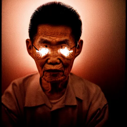 Prompt: a portrait of centenarian justin sun with qrcode tattoo on face in prison looking through the laser of his cell, by annie leibovitz, shallow depth of field, cinematic lighting, colorful dystopian futurism