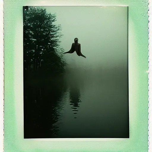 Image similar to semi translucent smiling @frog@ floating over misty lake in Jesus Christ pose, polaroid photography by Andrei Tarkovsky, paranormal, spiritual, mystical