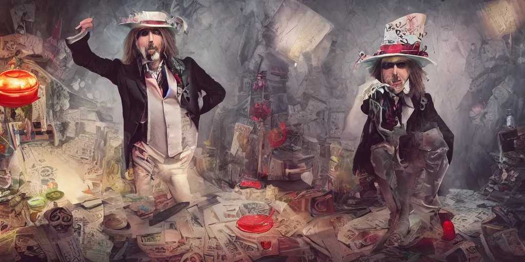 Image similar to tom petty as the mad hatter, contrast, kim jung gi, greg rutkowski, zabrocki, karlkka, jayison devadas, trending on artstation, 8 k, ultra wide angle, zenith view, pincushion lens effect