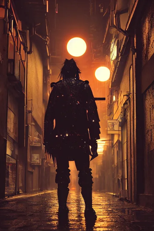 Prompt: a cyberpunk samurai in a raining cobblestone alleyway in tokyo, neon lights, full moon, fog cinematic greg rutkowski