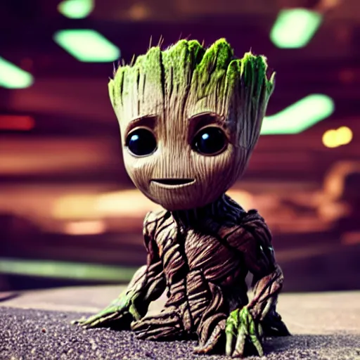 Image similar to baby groot getting bigger, meaner and transforming into hulk, big muscles, mutant, dc universe, bokeh, high quality dof