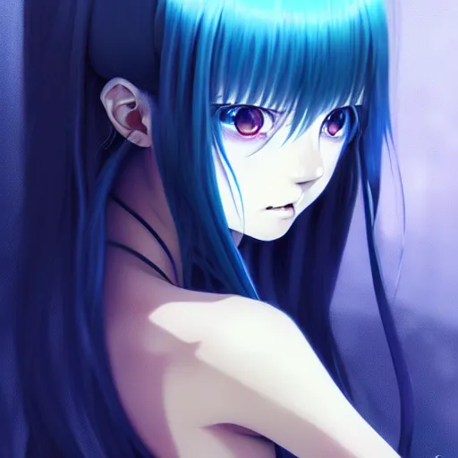 Image similar to attractive long blue - haired girl with bangs gothic anime character with amber eyes, screenshot, anime, sharp focus, intricate, illustration, cell shaded, digital painting, highly detailed, concept art, matte, art by ilya kuvshinov and kyoto animation and wlop, anime character, and greg rutkowski, studio quality, masterpiece