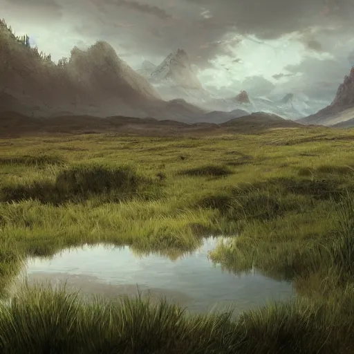 Image similar to concept art painting of a moorland swamp marsh on a plateau with mountainous forest below, realistic, detailed, cel shaded, in the style of makoto shinkai and greg rutkowski and james gurney