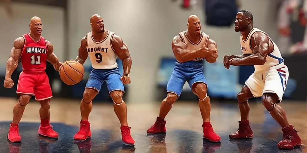 Prompt: wax figurines of Dwayne Johnson and Kevin Hart playing basketball