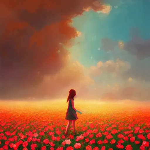 Image similar to large rose as a head, girl walking in a flower field, surreal photography, sunrise dramatic light, impressionist painting, colorful clouds, digital painting, artstation, simon stalenhag