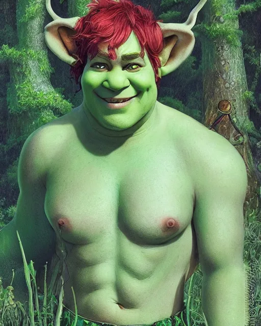 Prompt: portrait of beautiful shrek with green Elf antlers,nature,swamp,elegant,magical,highly detailed,artstation,concept art,illustration,by sakimichan,bouguereau,Ilya Kuvshinov,Ayami Kojima,Evanna Lynch