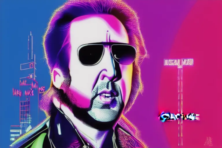 Prompt: nicolas cage in “ miami vice ” artwork, 4 k digital art, neon, 8 0's style