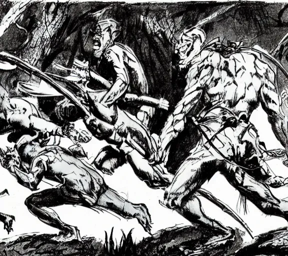 Prompt: four adventurers are chased through the woods, by a group of mantis men, pen and ink, by frank Frazetta