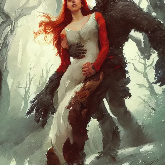 Prompt: book cover for a werewolf and red headed woman love story, portrait, elegant, intricate, digital painting, artstation, concept art, smooth, sharp focus, illustration, art by konstantin korovin and daniel f. gerhartz and john howe