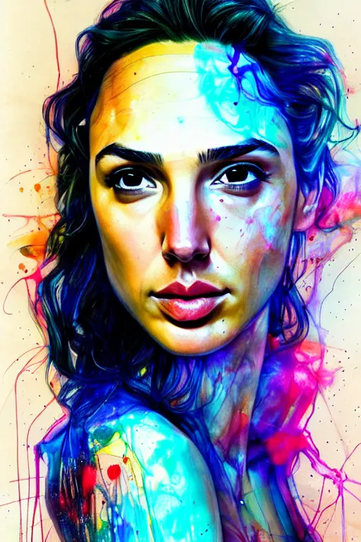 Image similar to gal gadot by agnes cecile enki bilal moebius, intricated details, 3 / 4 back view, full body portrait, extremely luminous bright design, pastel colours, drips, autumn lights