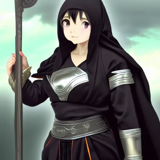 Image similar to card art of a dwarf girl wearing black robes with silver metallic parts, makoto shinkai, very detailed, realistic face, detailed face, matte, tonemapping, bbwchan, perfection, 4K, William-Adolphe Bouguereau